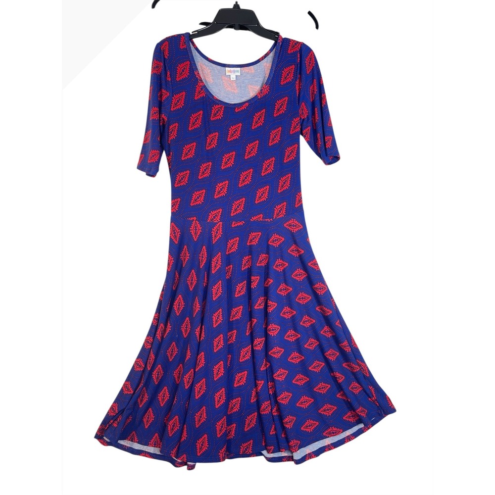 LuLaRoe Fit and Flare Women Dress Diamond Print Casual‎ Comfortable Blue Red L